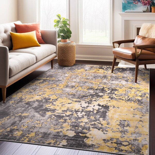 World Rug Gallery Contemporary Distressed Abstract Watercolor Non Shedding Soft Area Rug 5' x 7' Yellow 395YELLOW5x7 - main